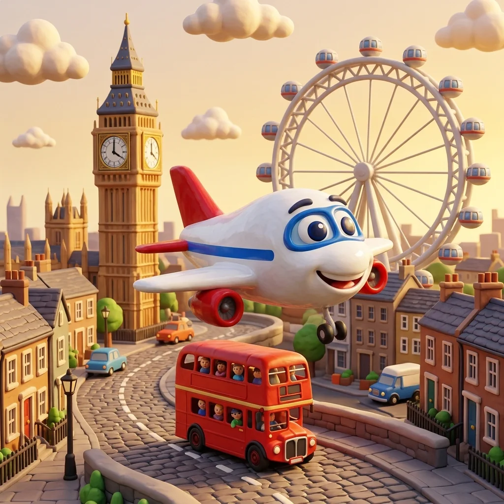 Jumbo over London with red bus