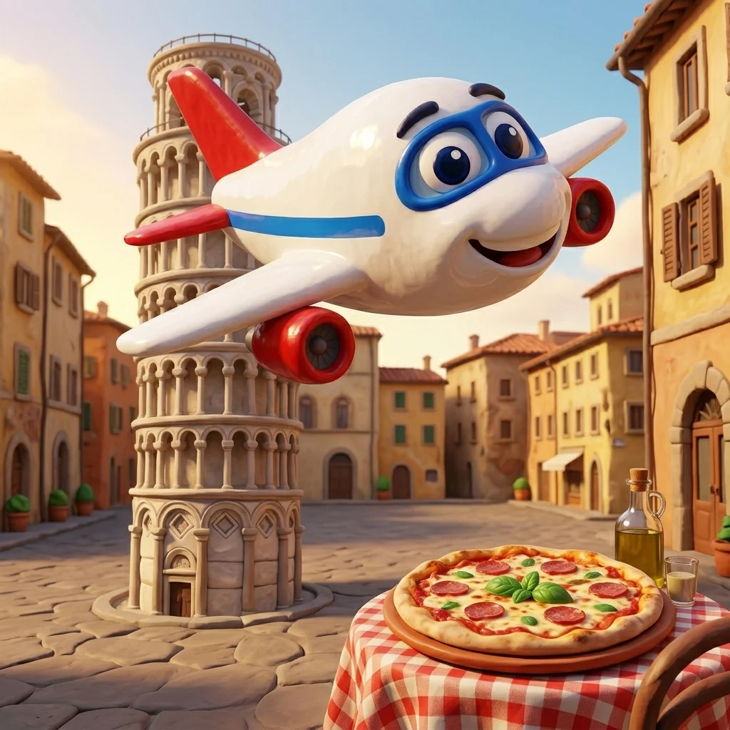 Jumbo past Leaning Tower of Pisa