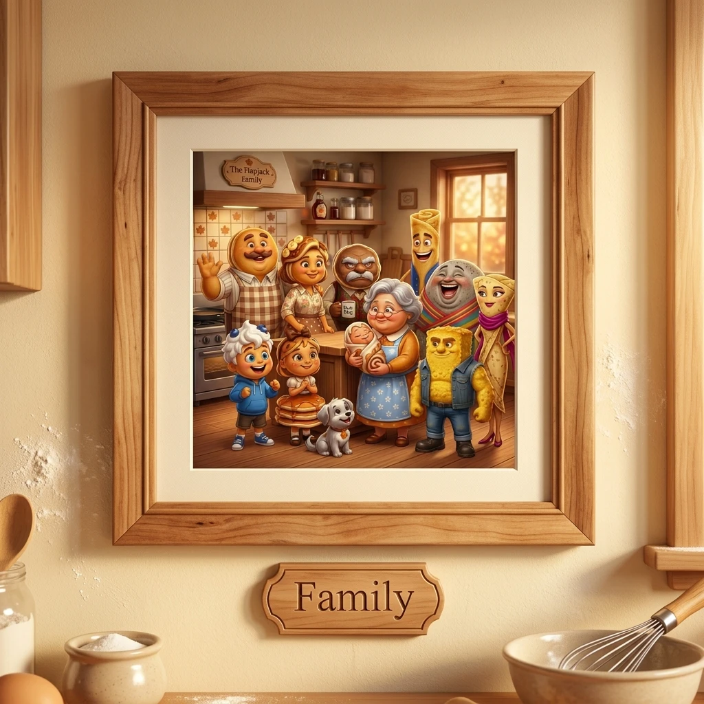 Framed pancake family portrait on kitchen wall