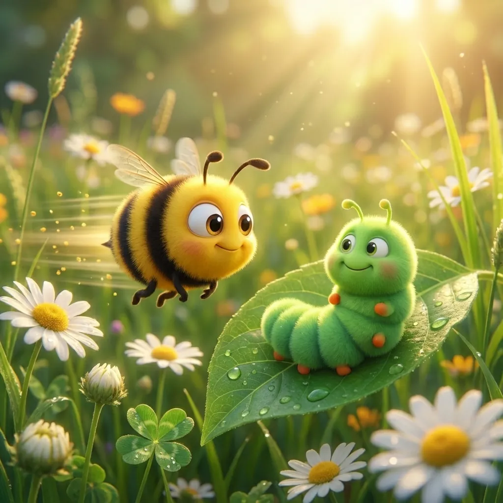 Bee zipping past Caterpillar in a meadow