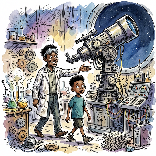 Dad guiding Aion to a big telescope