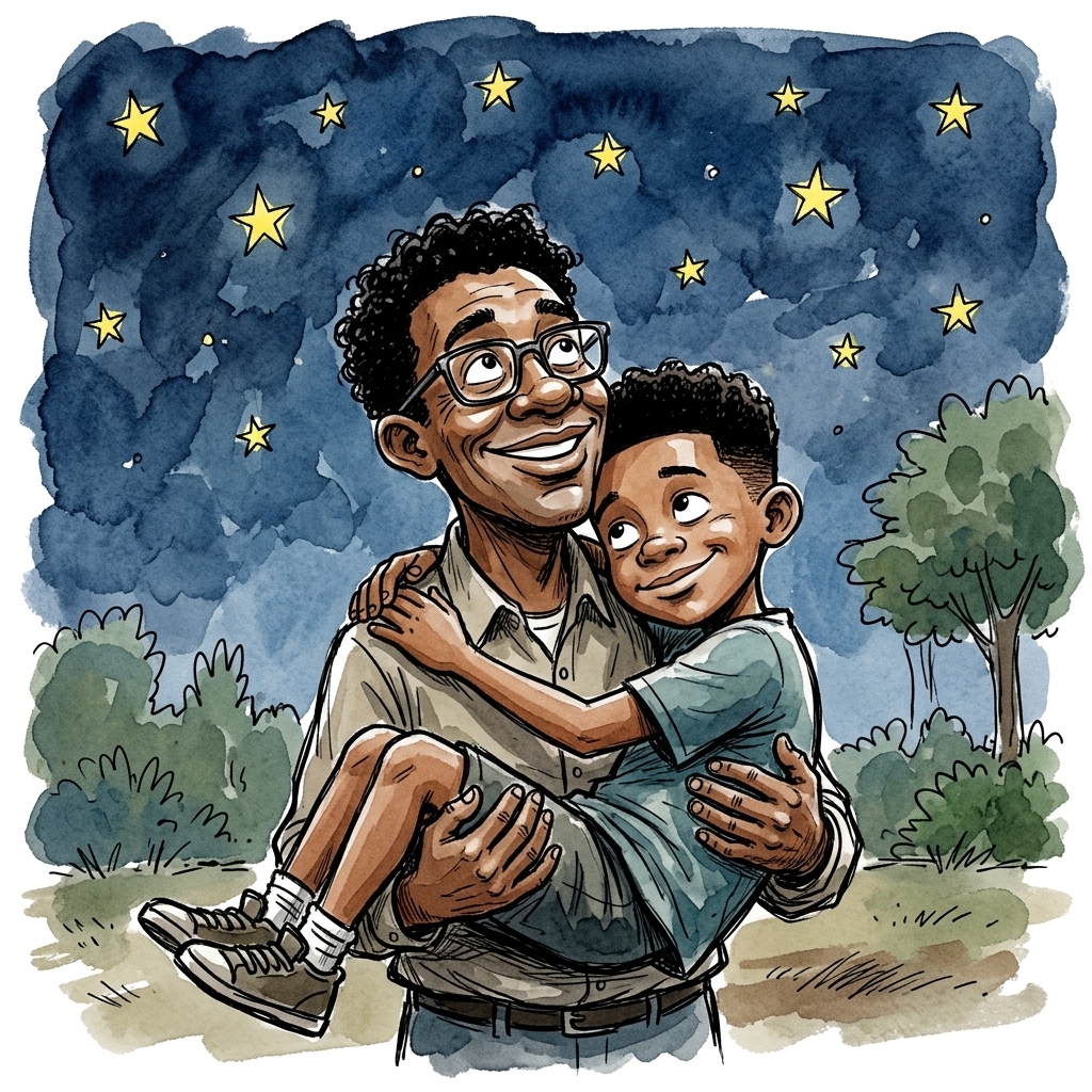 Dad carrying Aion under the stars