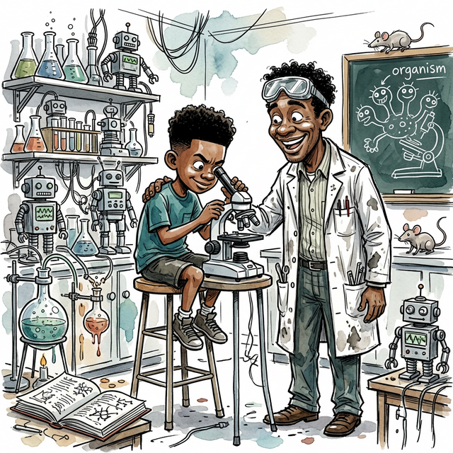 Aion looking into a microscope